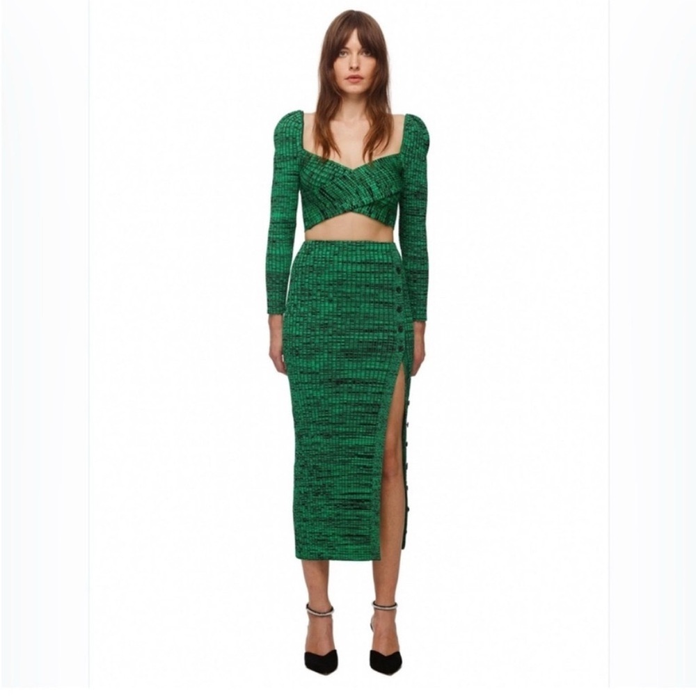 Self-Portrait Buttoned Side-Slit Rib Knitted Midi Skirt in Green